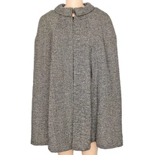 1970s Vintage Black/White Wool Tweed Cape Cloak Faux Sherpa Lining Fall S/M/L