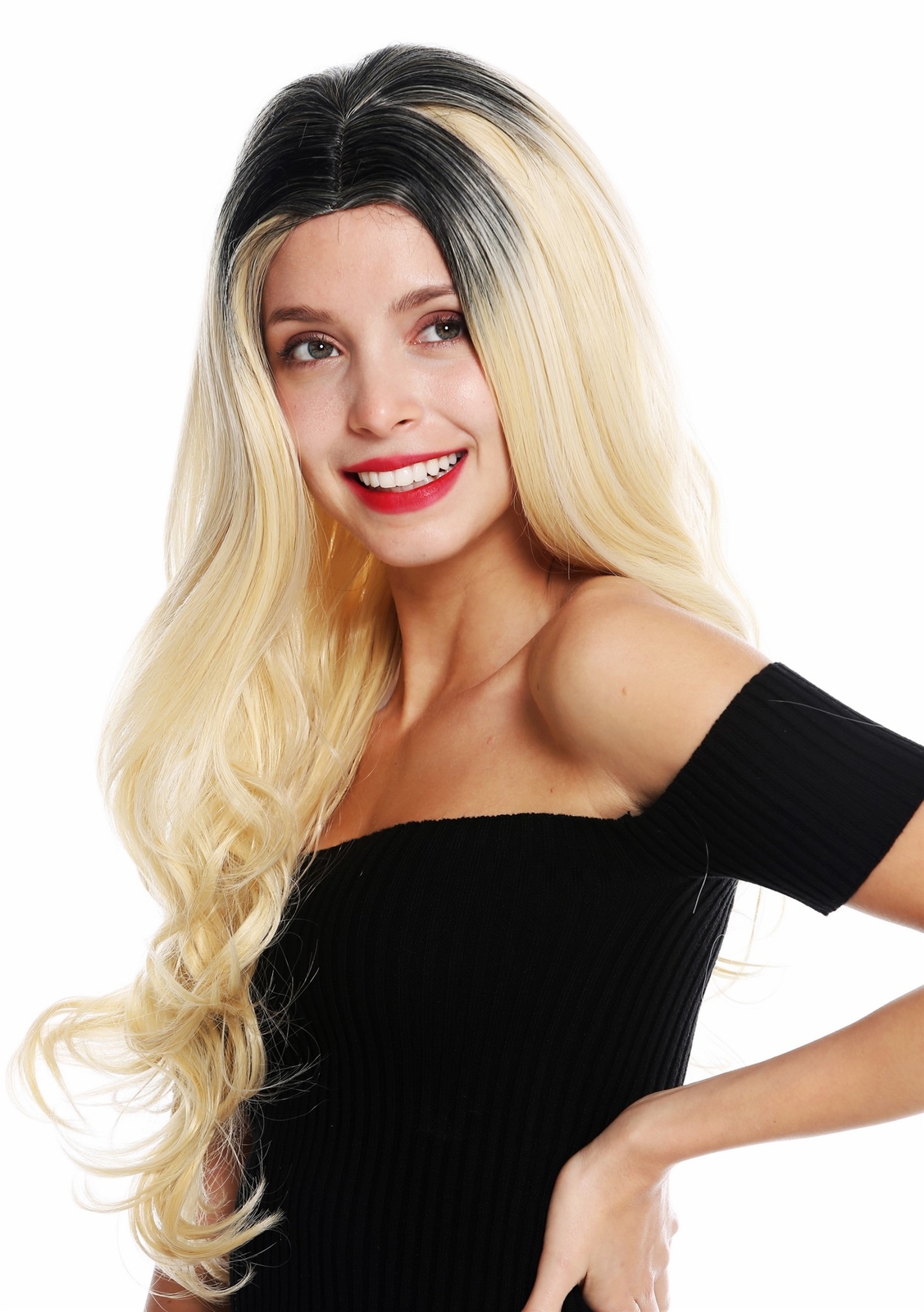 Women's Wig Long Wavy Middle Part Black Blonde Ombre Mix