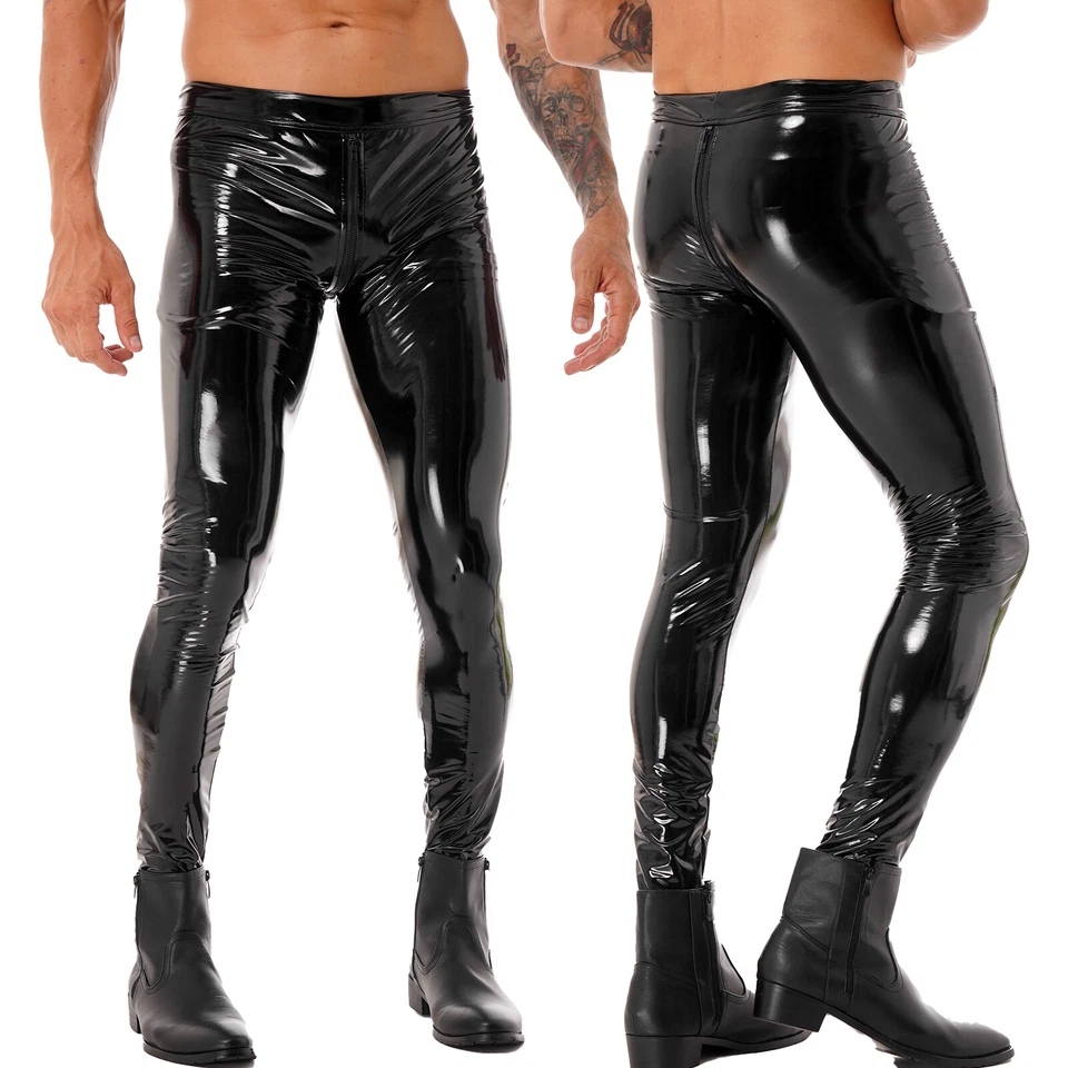 Men Zipper Crotch Trousers Shiny Metallic PVC Leather Skinny Club Pants Leggings - Photo 1/1