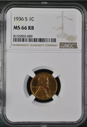 1936-S 1C RB Lincoln Wheat One Cent NGC MS66RB  8155903-009