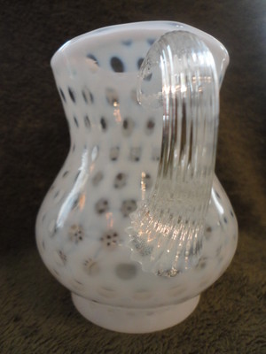 Fenton White Coin Dot Opalescent Pitcher Applied Clear Ribbed