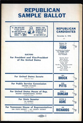 1976 Tenn GOP Sample Ballot Card Gerald Ford Bob Dole Bill Brock Beat Al Gore Sr