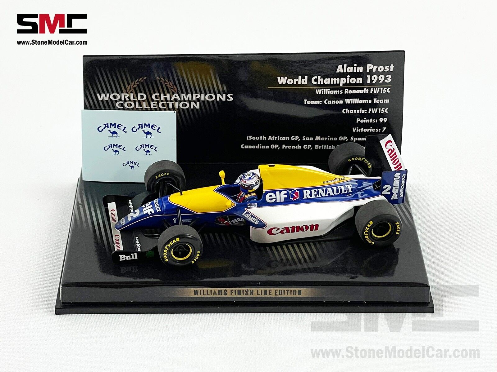 Williams F1 FW15C #2 Alain Prost 1993 World Champion 1:43 MINICHAMPS + CAMEL