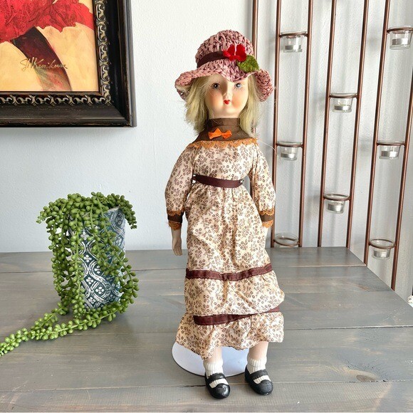 Vtg 70s Albert E. Price Fine Bisque China Doll Blonde Brown Floral