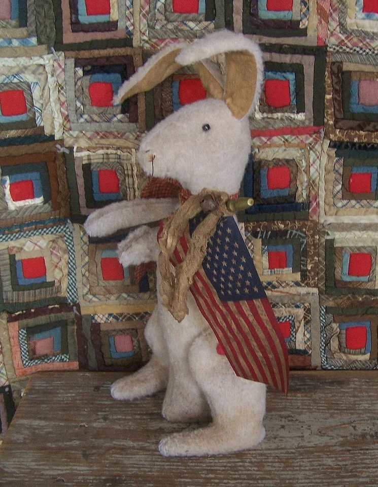 Primitive Rabbit Doll & Flag, Americana Easter Bunny Light Grunge - ARTISAN MADE - Image 2 of 4