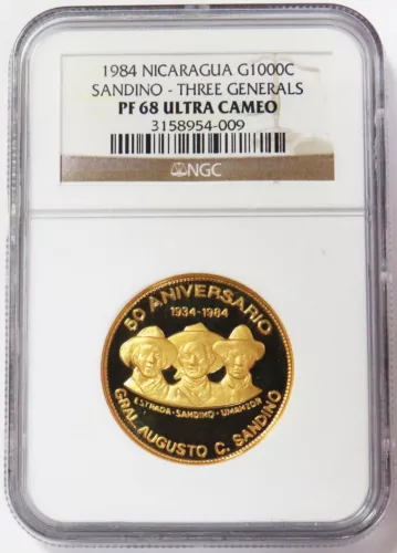 1984 GOLD NICARAGUA 1000 CORDOBA THREE GENERALS NGC PROOF 68 UC 1000 MINTED