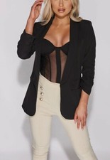 Image of Womens Ruched Sleeve Fully Lined Blazer Collared Casual Ladies Formal Jacket Top