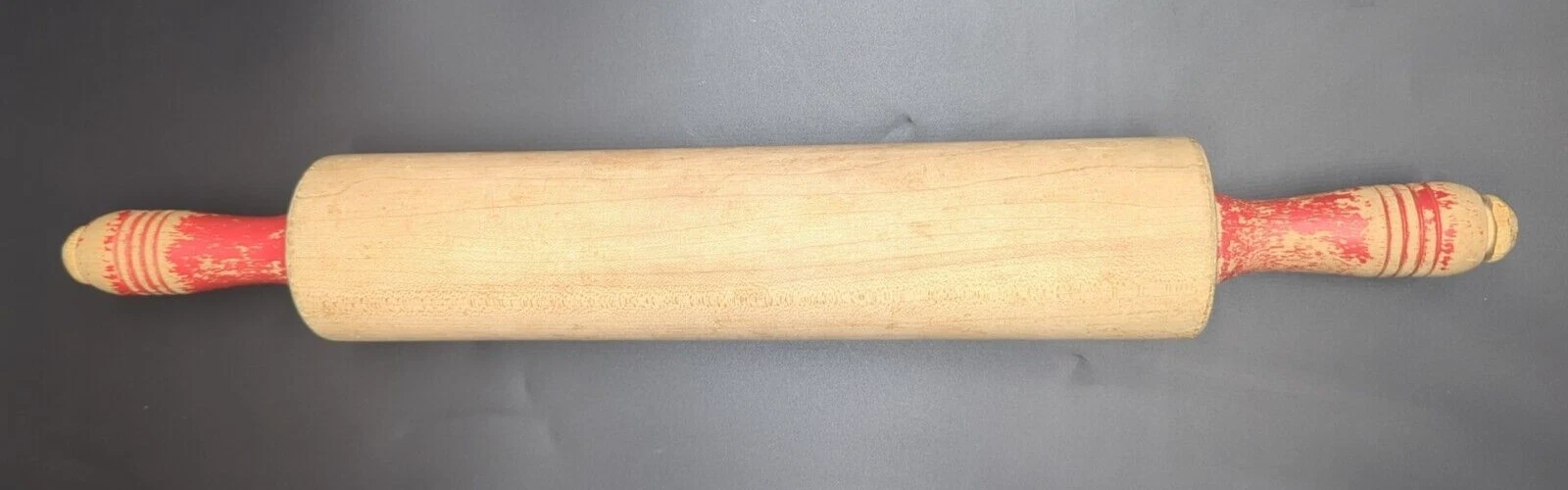 Wood Rolling Pin | Vintage 17” Red Handle Kitchen Utensil