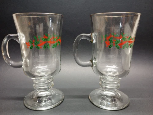 (2) LIBBEY Holly Berry Christmas Glass Irish Coffee Cups Mugs 8 oz Gold Rim