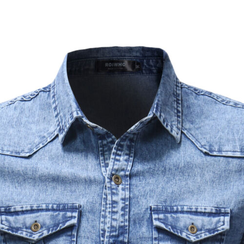 Camicie denim da uomo cotone lavato jeans casual maniche corte camicie blu US XXL - Foto 4 di 5