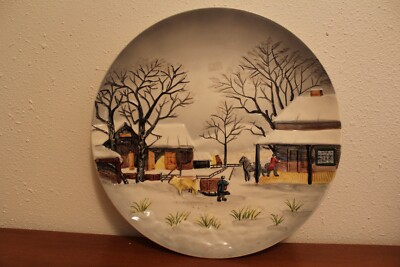 Vintage 3D painted hanging wall plate West Germany Winter Scene 13''