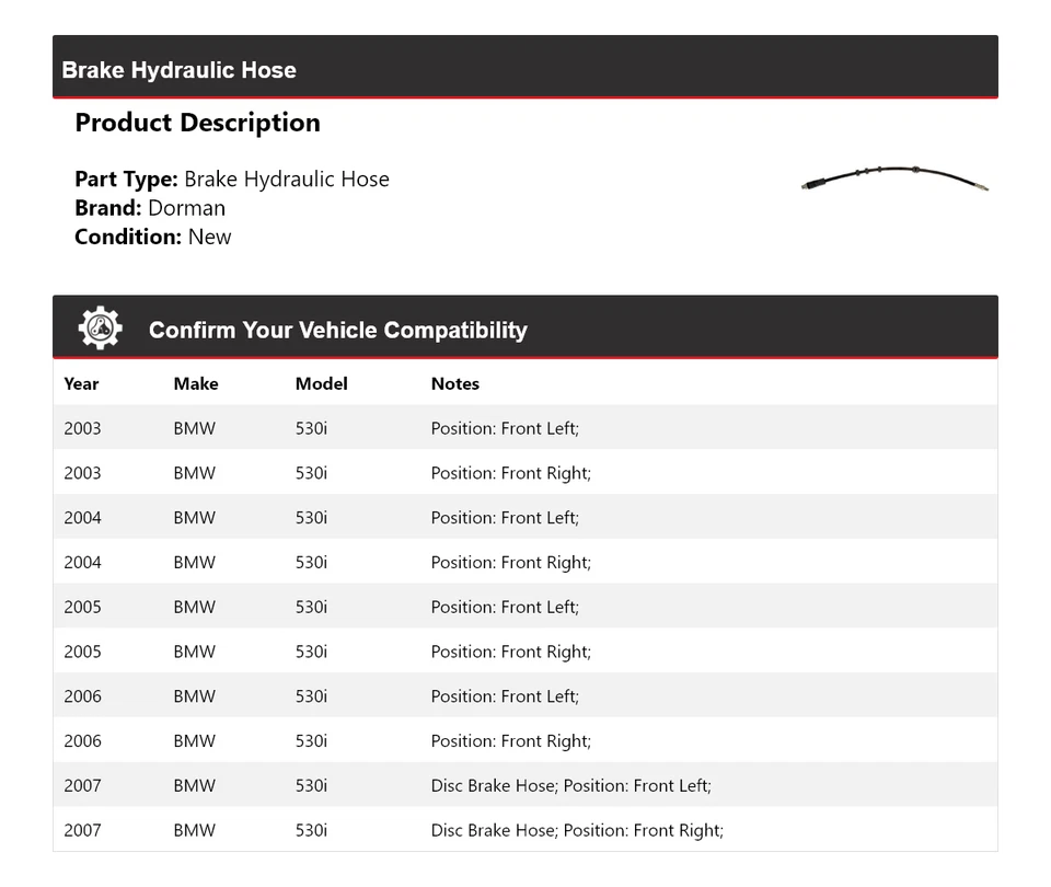 Manguera hidráulica de freno para BMW 530i Dorman 2003-2007 2004 2005 2006 Foto 2 de 4