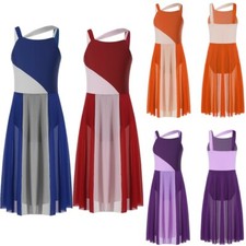Girls Lyrical Contemporary Dress Sleeveless Color Block Leotard Mesh Dance Dress