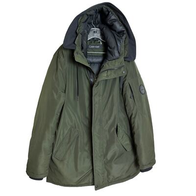 Calvin klein Men Polyester Winter Coat Green Hooded Parka Jacket