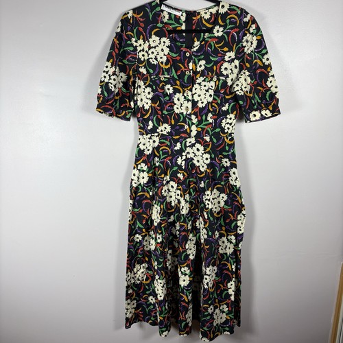 Sonia Rykiel, Sonia Rykiel Black Multicolor Floral Fit And Flare Pleated Midi Dress Vintage