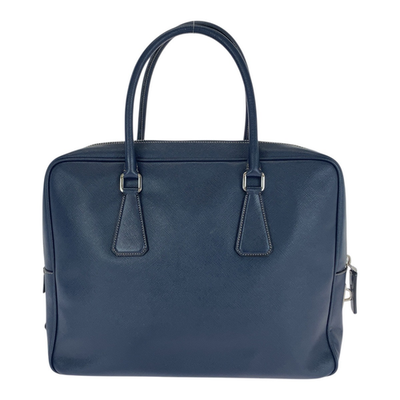 Prada Saffiano Leather Briefcase Navy Business Bag Silver Hardware