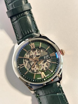 Skeleton Automatic Watch Rose Gold 45mm Green Dial Swiss Made Open Heart NEW