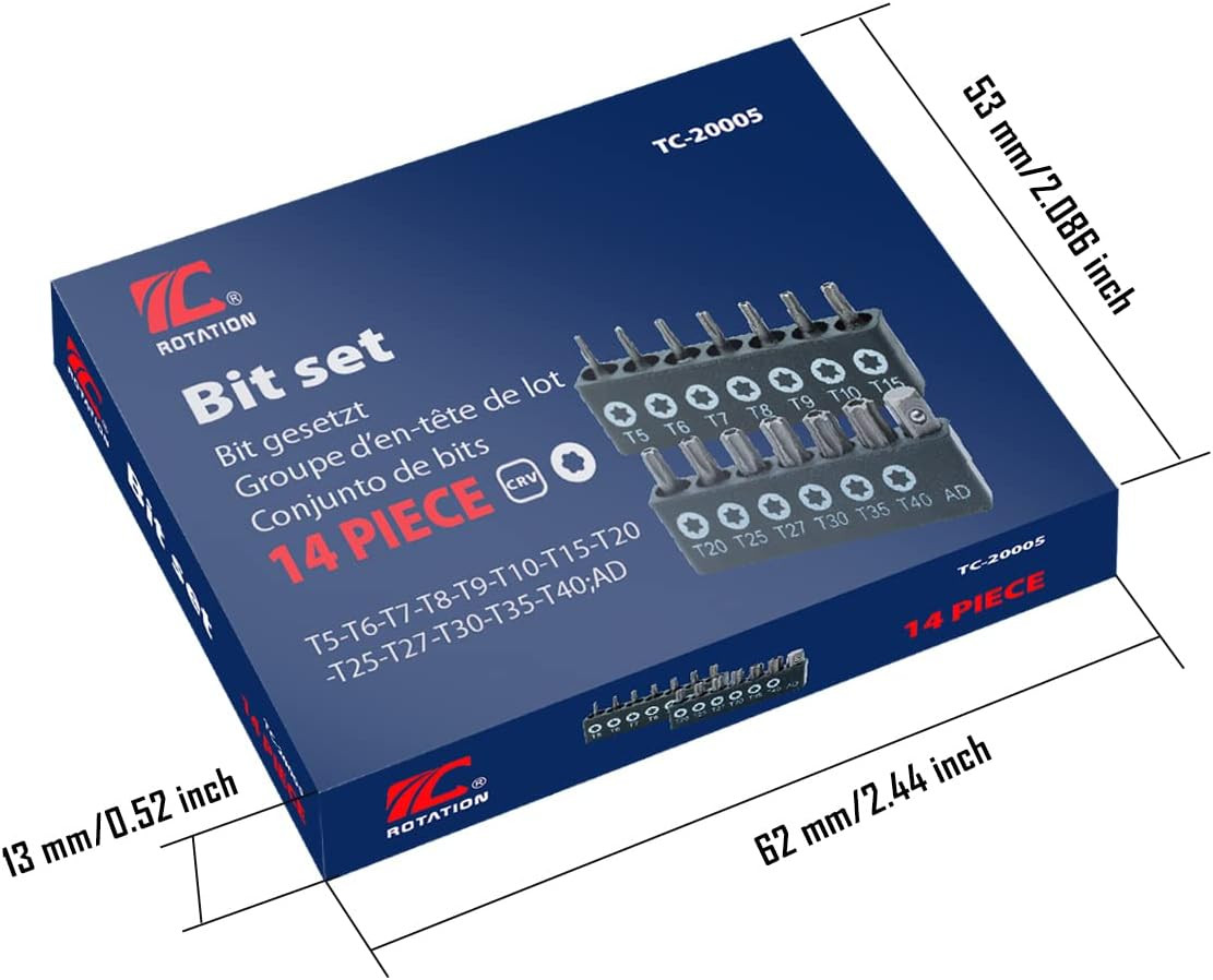 14-Piece Tamper Resistant Star Bits, Chrome Vanadium Steel, T5 - T40 Impact Grad