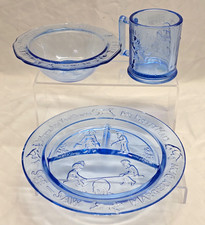 Tiara Nursery Rhyme Blue Childs Dinner Set Plate Bowl Mug Vintage Glass