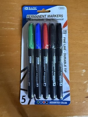 Bazic Products Permanent Markers Fine Point Durable Tip Assorted Colors 5 Pack