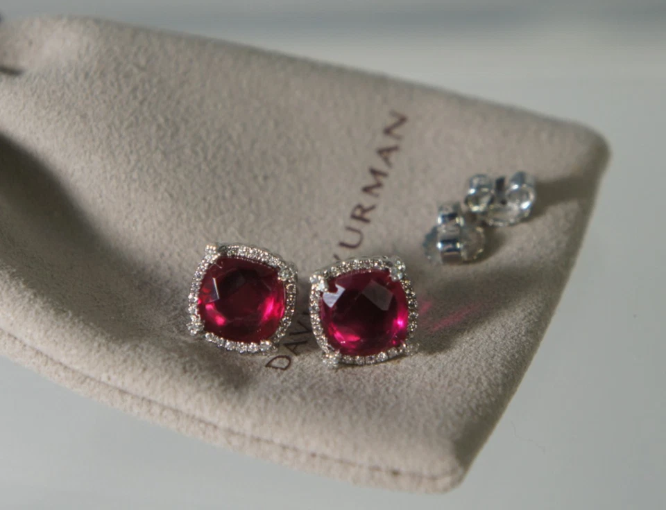 David Yurman 925 Silver 585 Gold RED Garnet Diamond Halo Chatelaine Earrings - Image 4 of 4