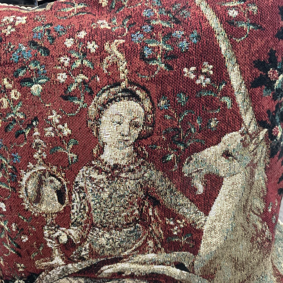 RARE Hines Of Oxford Red Tapestry Unicorn Medieval Pillow, 16” Square, 2-sided. - Image 2 of 3