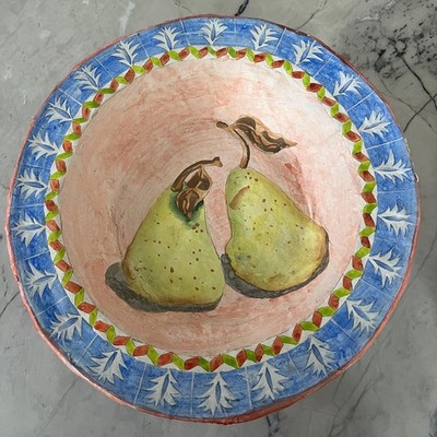 Handmade paper mache bowl featuring painting of pears