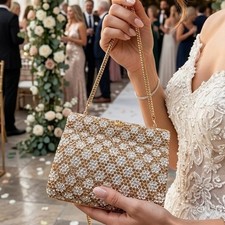 Gold Crystal Floral Evening Clutch Bag Rhinestone Minaudiere Wedding Formal