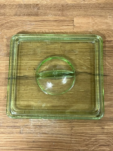 Vintage Modern Uranium Green Depression Glass Square Refrigerator Dish Lid Only