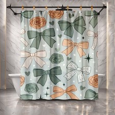 Modern Aesthetic Valentine Cute Bow Green Shower Curtain Set Bathroom Decor