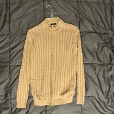 Coofandy Men's Beige Cable-Knit Full Zip Mock Neck Sweater, Size S