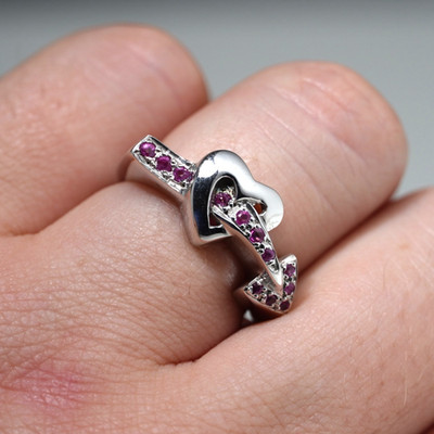 Natural Pink Ruby Pavé Sterling Silver Modernist Heart Signet Ring Size O / 7