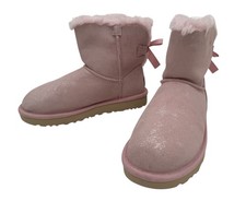 UGG Women  s Mini Bailey Bow II Pink Shimmer Size 6 Suede Sheepskin