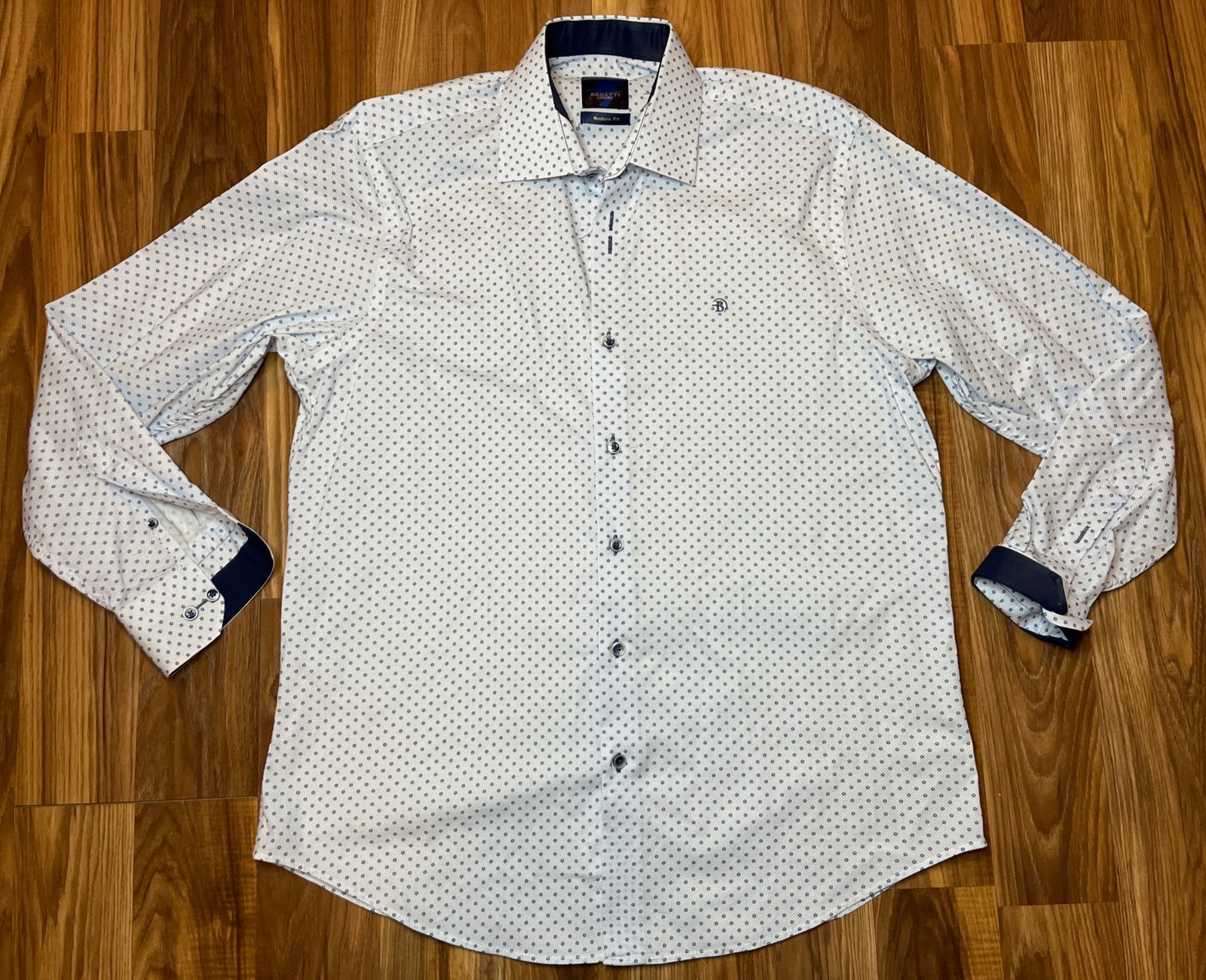 Benetti Modern Fit Shirt Men’s L Blue & White Geometric Print Flip Cuff