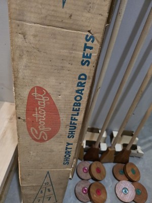 Vintage Sportcraft Shorty Shuffleboard Set 16095 4 Cues 8 Pucks Box NO Mat