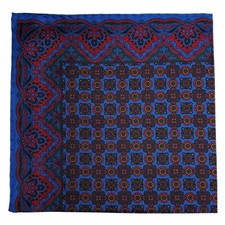 Blue  Red Geometric Ancient Madder Silk Pocket Square Hand-Rolled 