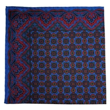 Blue & Red Geometric Ancient Madder Silk Pocket Square (Hand-Rolled)