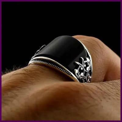 Retro Handmade Islamic Ring for Men Vintage Turkish Double Sword Black Stone