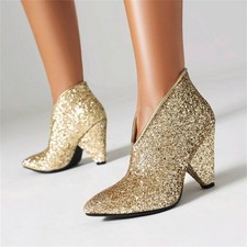 Women's Shiny V-Cut Ankle Boots Cone Heel Pointed Toe Slip On Party Dress Shoes