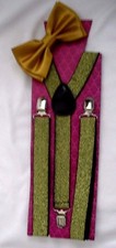 Gold Adj Pre-Tied Strap Bowtie Gold Glitter Adj Y-Back Suspenders Combo-New 