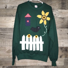 Vintage 90s Jerzees Sweatshirt 3D Flower Embroidered Bird Scenery Size Medium