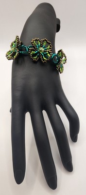 Bracelet - Blue and Gold Beads with Three Flowers   7 3/4 in  