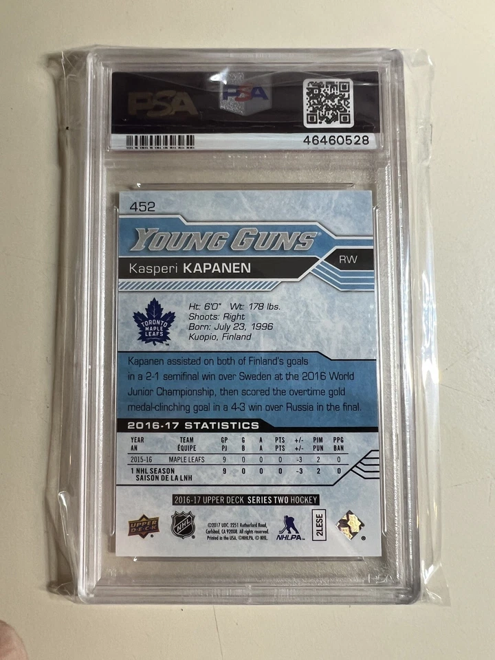 2016 UPPER DECK #452 KASPERI KAPANEN RC YOUNG GUNS PSA 10 BLUES PENGUINS - Image 2 of 2