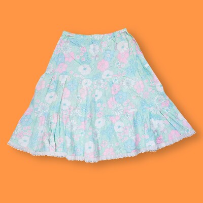 Vintage 1970s Handmade Mint Green Floral Tiered Midi Skirt 70s