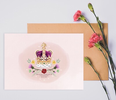 König Karl III. Krönungskrone und Blumen Grußkarte