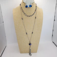 Charming Charlie Statement Blue Crystal Layered Tassel Necklace Earrings Set