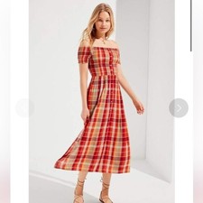 Urban Outfitters UO Monica Smocked Off-The-Shoulder Midi Dress Spring Plaid