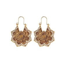 Boho Antique Carved Flower Dangle Drop Earrings for Women Medium, Gold
