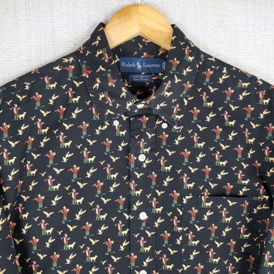 VTG RALPH LAUREN Size Large Duck Hunting Dog Print Sport Shirt Mens Black Polo