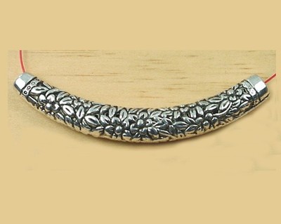67mm Large Curved Tube Bead Antique Silver Pewter Engraved Curve Flower Spacer